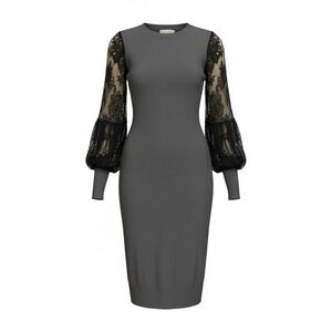 Molly‎ Bracken  Knit Dress Black Lace Balloon Sleeve Sheath Midi Women's M